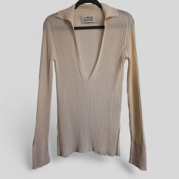 Maison Martin Margiela Sweaters - 2011 MAISON MARTIN MARGIELA Deep Plunge V-Neck Knit Collared Sweater Stretch M